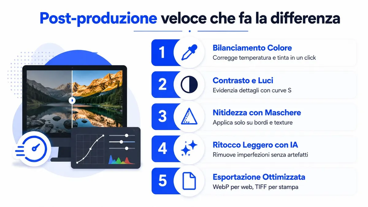 Infografica che illustra cinque passaggi essenziali per una post-produzione fotografica veloce ed efficace su computer.