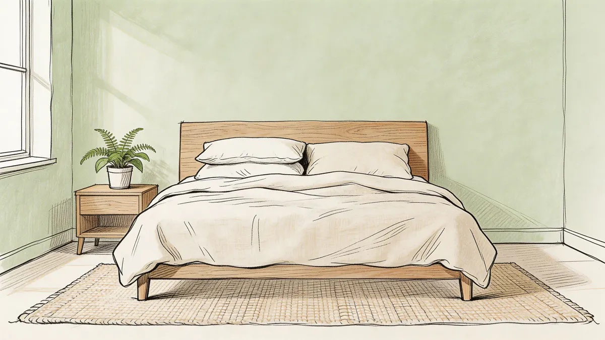 Una accogliente camera da letto matrimoniale con pareti verde chiaro, letto in legno e tappeto beige.