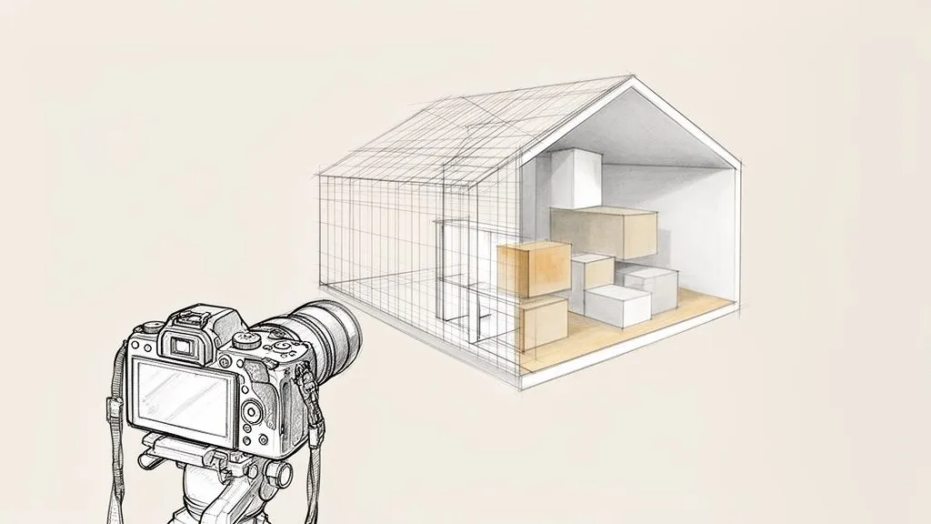 Fotocamera su treppiede che punta verso un disegno architettonico di una casa con scatole renderizzate.