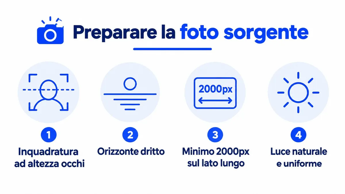 Infografica che illustra quattro regole fondamentali per scattare una foto sorgente ottimale per la progettazione di interni.