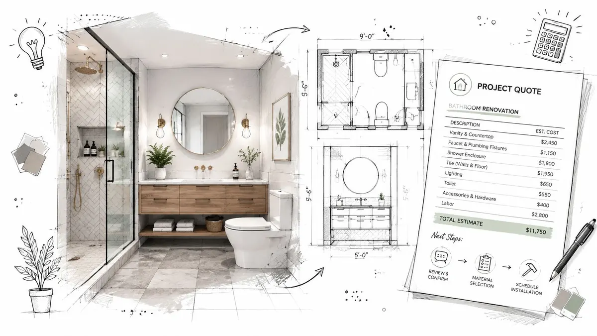 Progetto di ristrutturazione bagno completo di rendering grafico, planimetria tecnica e preventivo dettagliato dei costi stimati.
