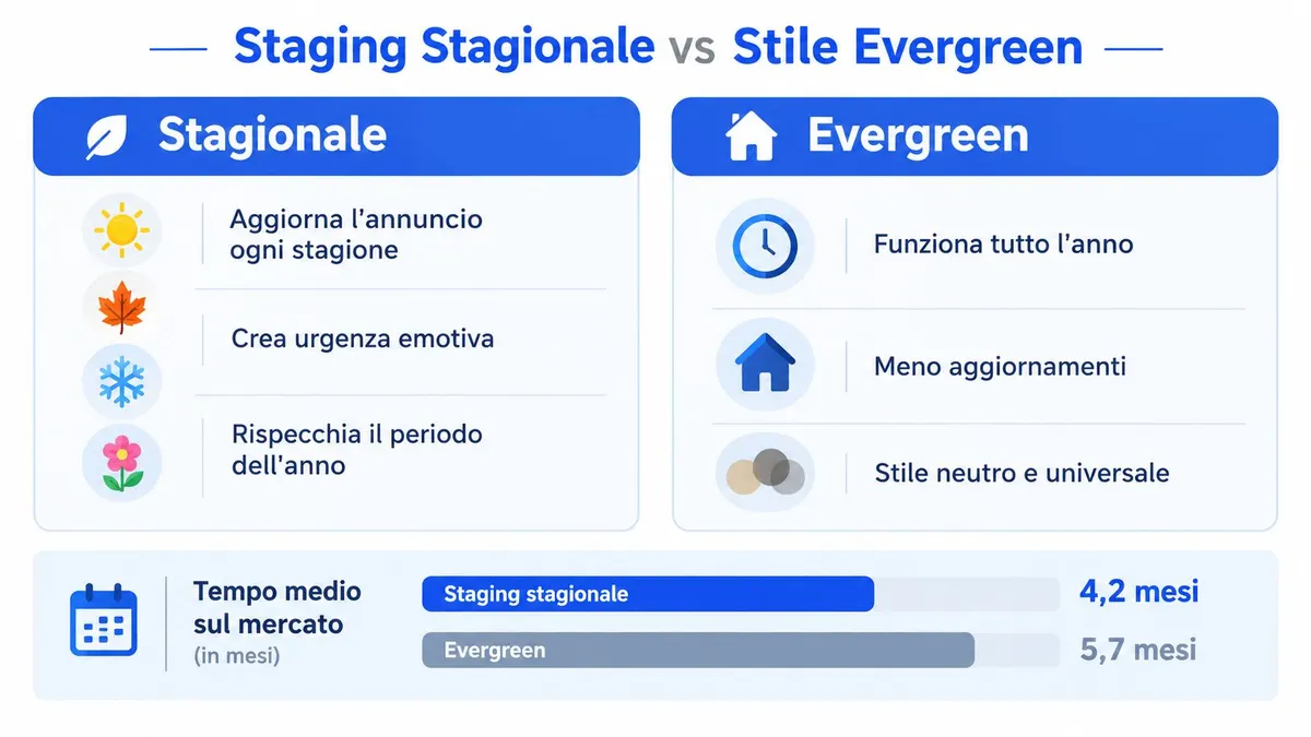 Un confronto grafico tra staging stagionale e stile evergreen nell'immobiliare, mostrando vantaggi e tempi medi sul mercato.