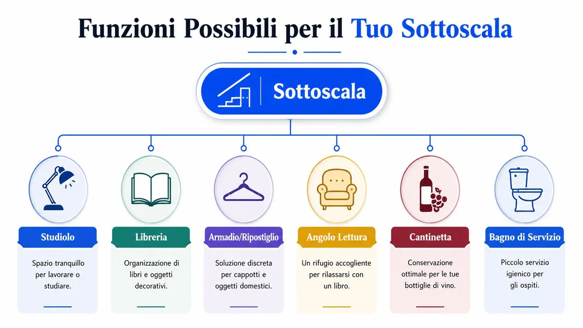 Un diagramma che illustra sei idee creative e funzionali per arredare e ottimizzare lo spazio sottoscala di casa.