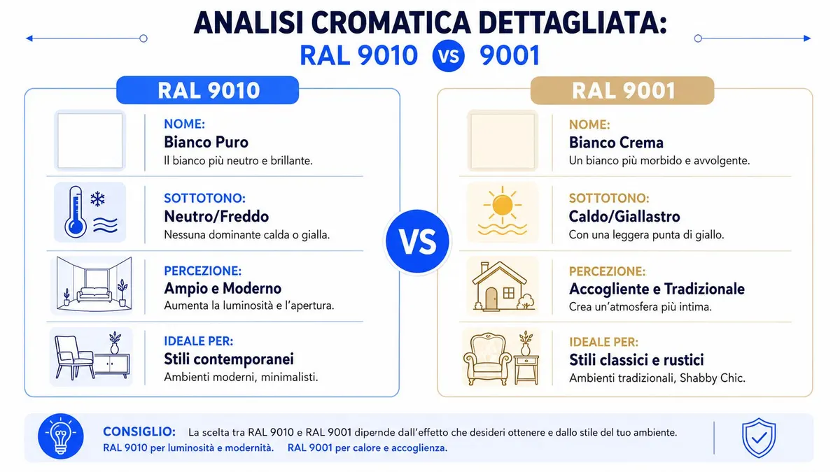 Confronto visivo e descrittivo tra i colori RAL 9010 e RAL 9001 per la scelta dell'arredamento d'interni.