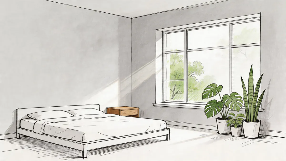 Schizzo architettonico di una camera da letto moderna con pareti grigie, letto, comodino e piante verdi vicino finestra.