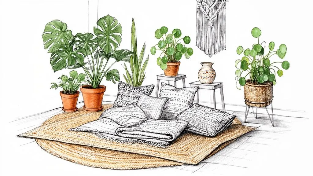 Disegno a matita e acquerello di un accogliente angolo relax in stile bohémien con piante in vaso, cuscini e un tappeto.