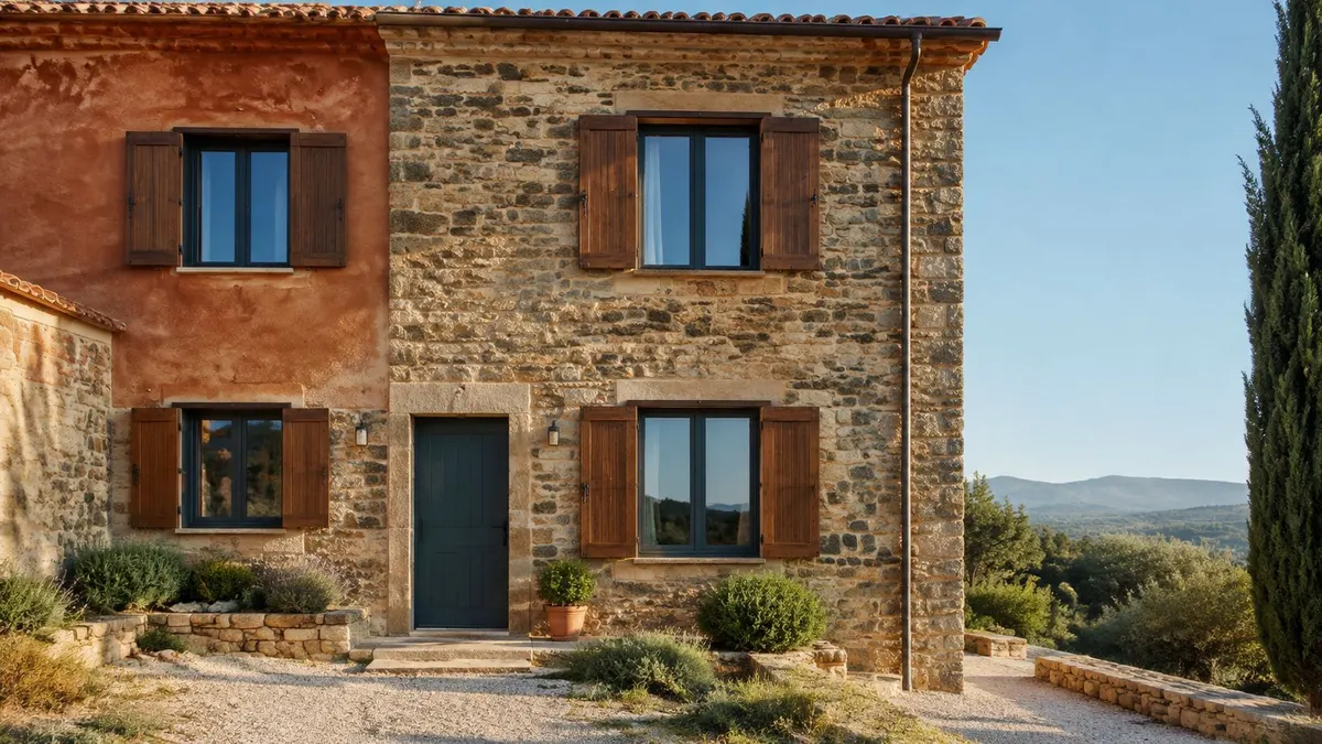 Facciata in pietra di un casale rustico ristrutturato in campagna con persiane in legno e vista panoramica.