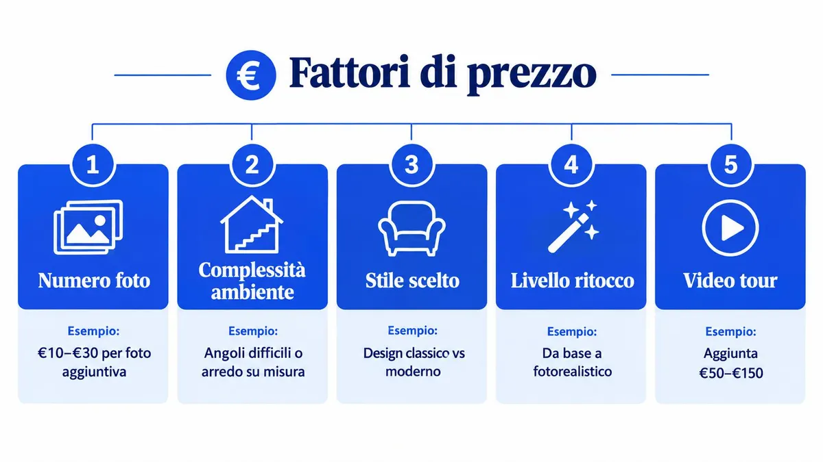 Infografica che illustra i cinque principali fattori di prezzo per il servizio di virtual staging immobiliare.