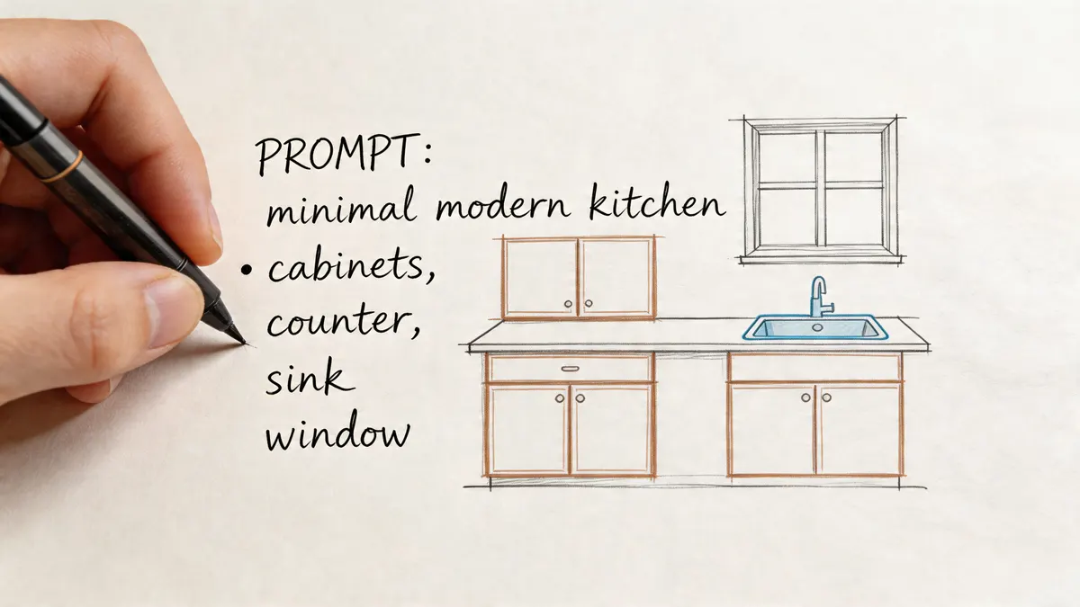 Uno schizzo a mano di una cucina moderna minimalista con mobili, lavello e finestra disegnati su carta