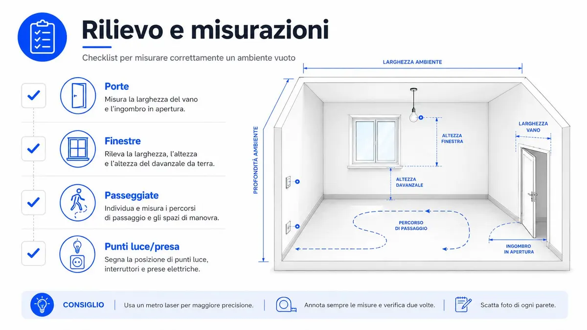 Infografica che mostra una lista di controllo per misurare correttamente una stanza vuota prima dell'arredamento.