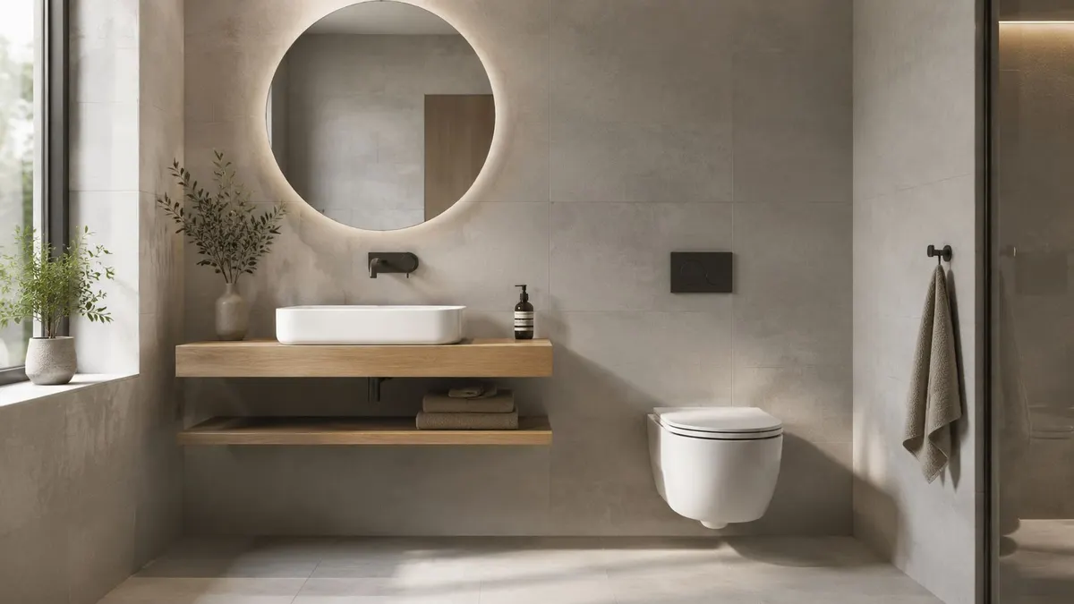 Bagno moderno ed elegante con piastrelle grigie, lavabo sospeso in legno, specchio rotondo e sanitari di design.