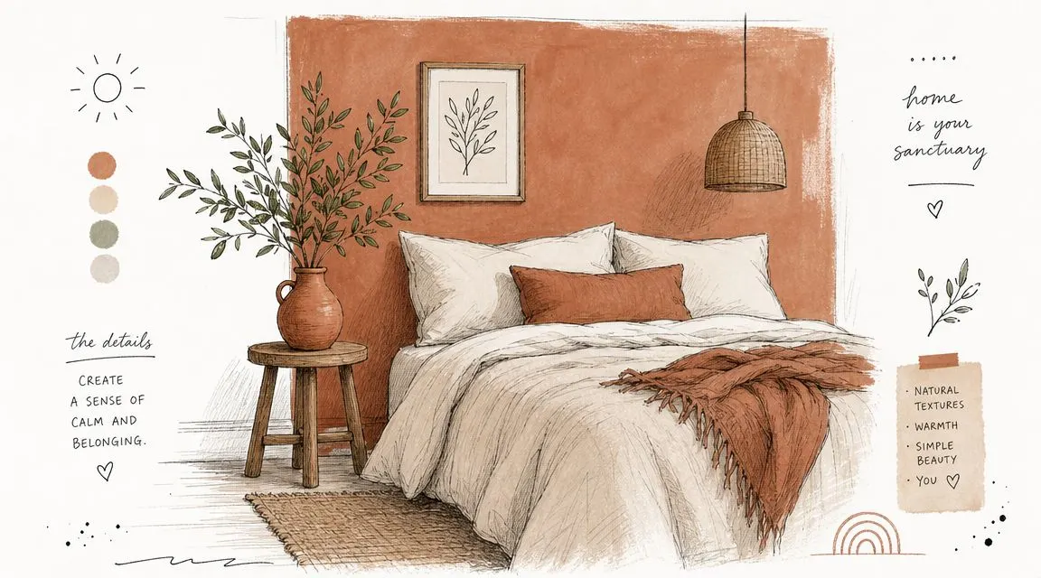 Illustrazione artistica di una camera da letto accogliente con pareti color ruggine e decorazioni in toni naturali.