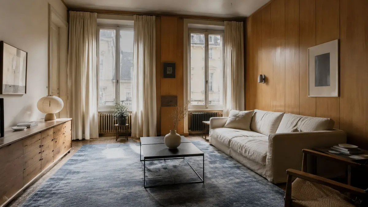 Soggiorno elegante arredato in stile japandi con divano bianco, mobili in legno naturale e tappeto blu.