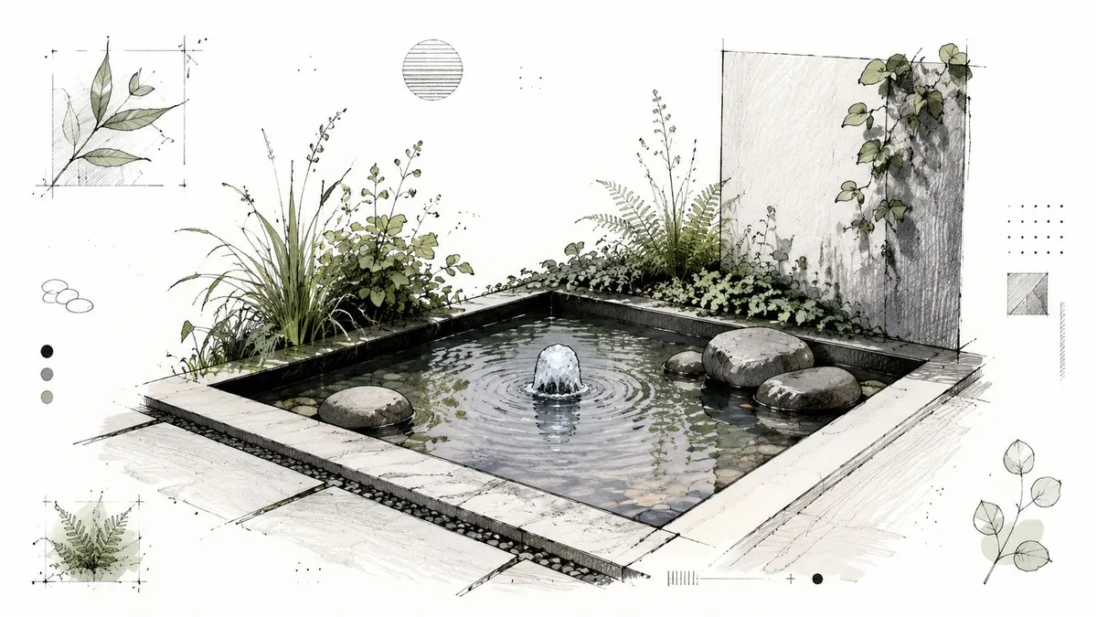 Uno schizzo architettonico di un elegante giardino moderno con una piccola fontana e piante decorative.