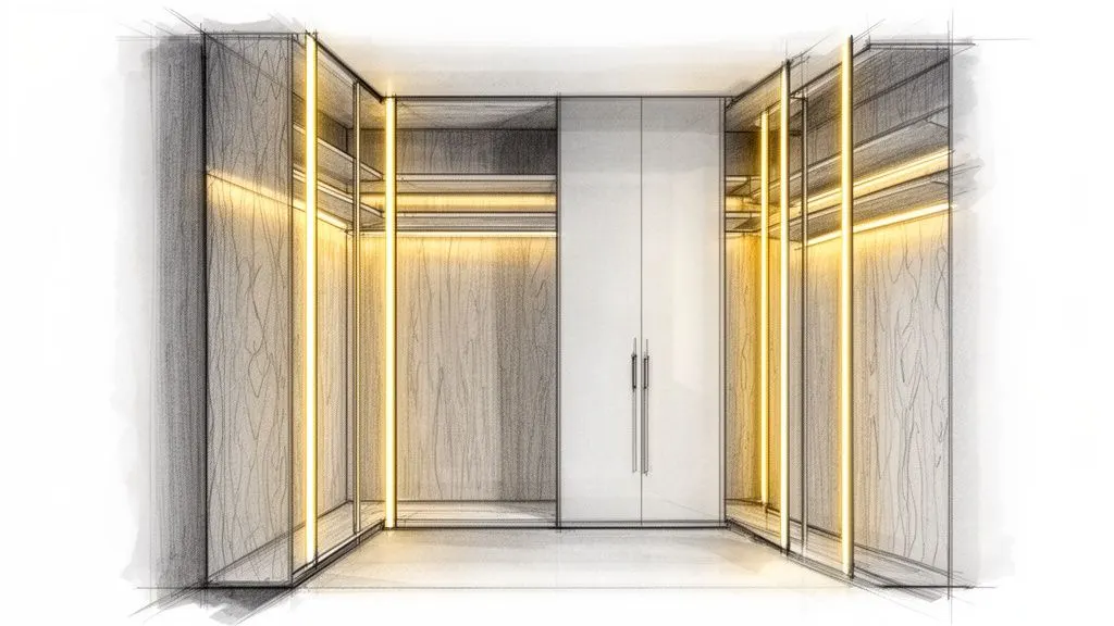 Schizzo di cabina armadio moderna con interni in legno chiaro, illuminazione LED e ante bianche al centro.