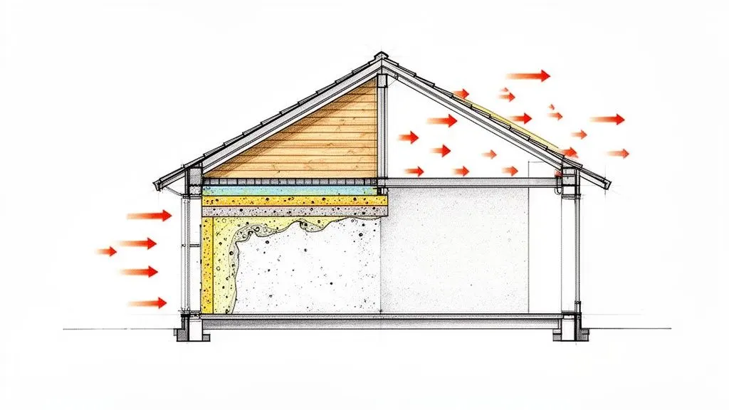 Sezione di una casa che illustra l'isolamento termico delle pareti e del tetto, con frecce rosse che indicano la dispersione di calore.
