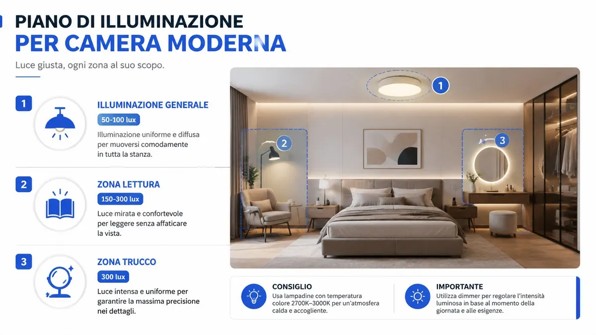Schema di illuminazione per camera da letto moderna con indicazioni di intensità luminosa per diverse zone funzionali.