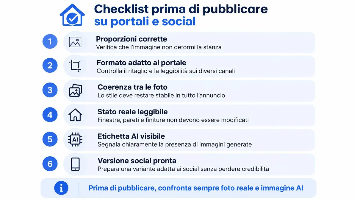Una lista di controllo informativa in italiano per pubblicare immagini di virtual staging su portali immobiliari e social media.
