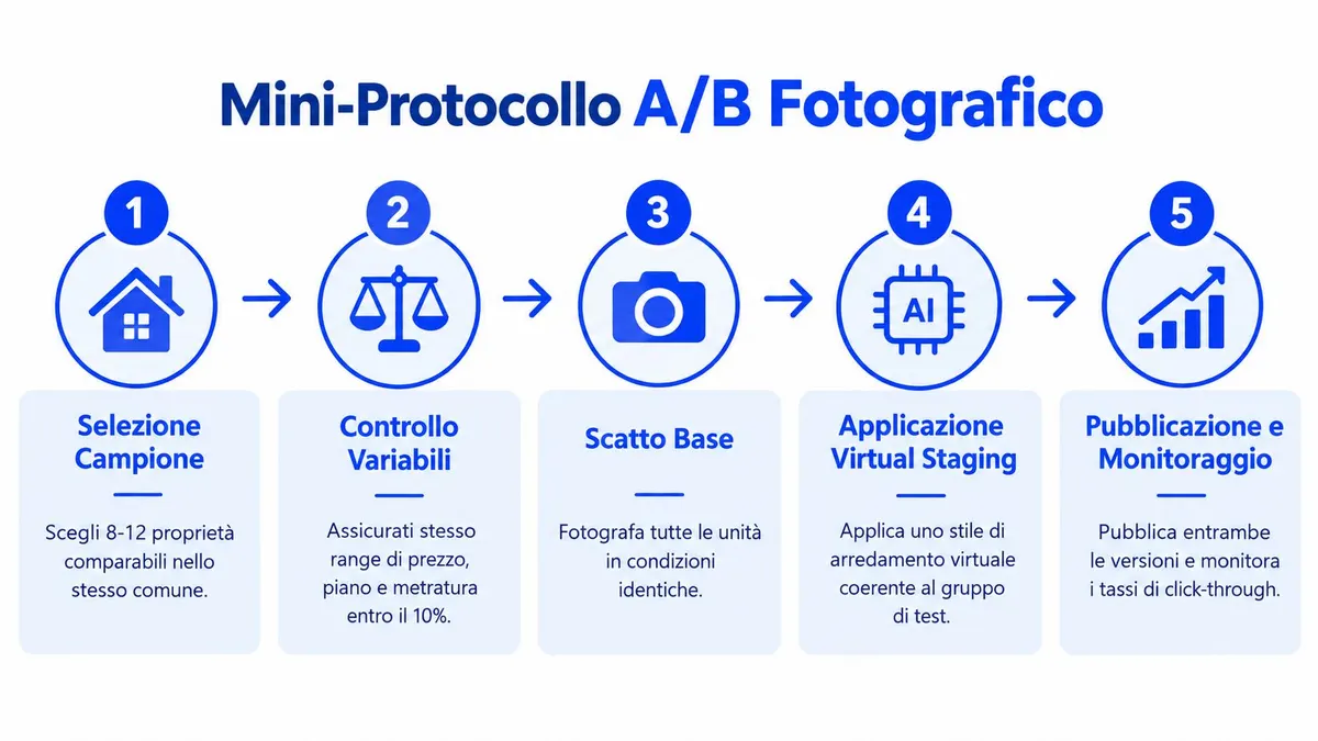 Infografica con cinque passaggi per eseguire un test fotografico A/B efficace nelle vendite immobiliari.