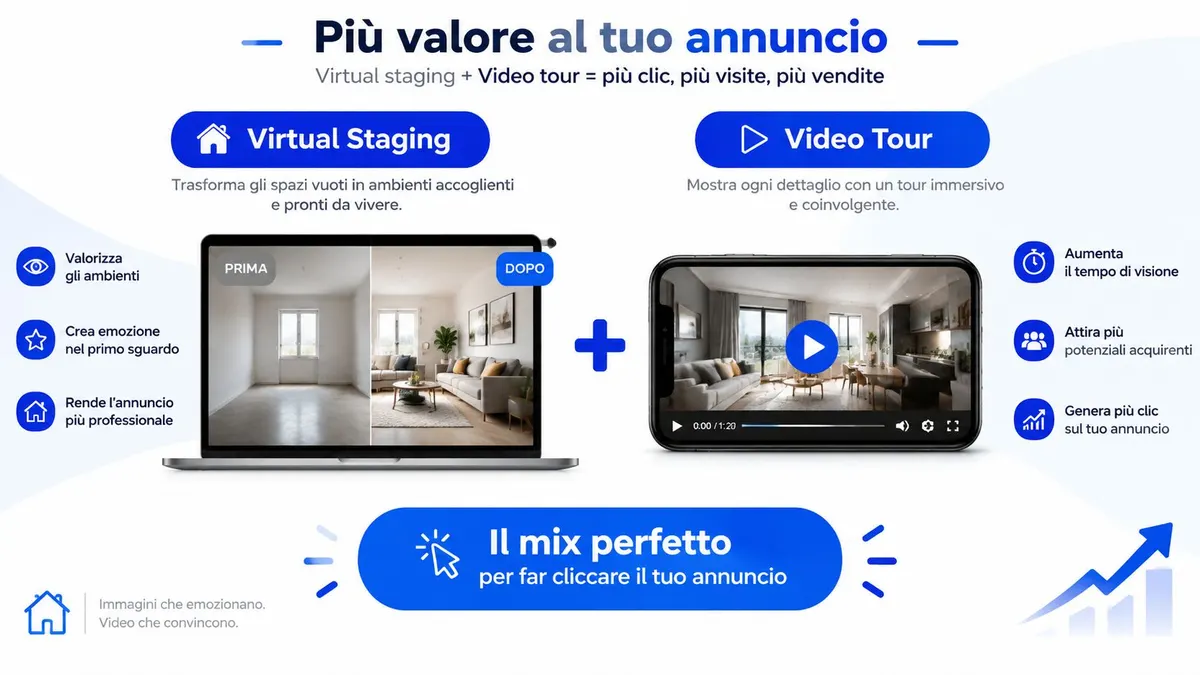 Grafica pubblicitaria che mostra i vantaggi del virtual staging e dei video tour per vendere immobili velocemente.
