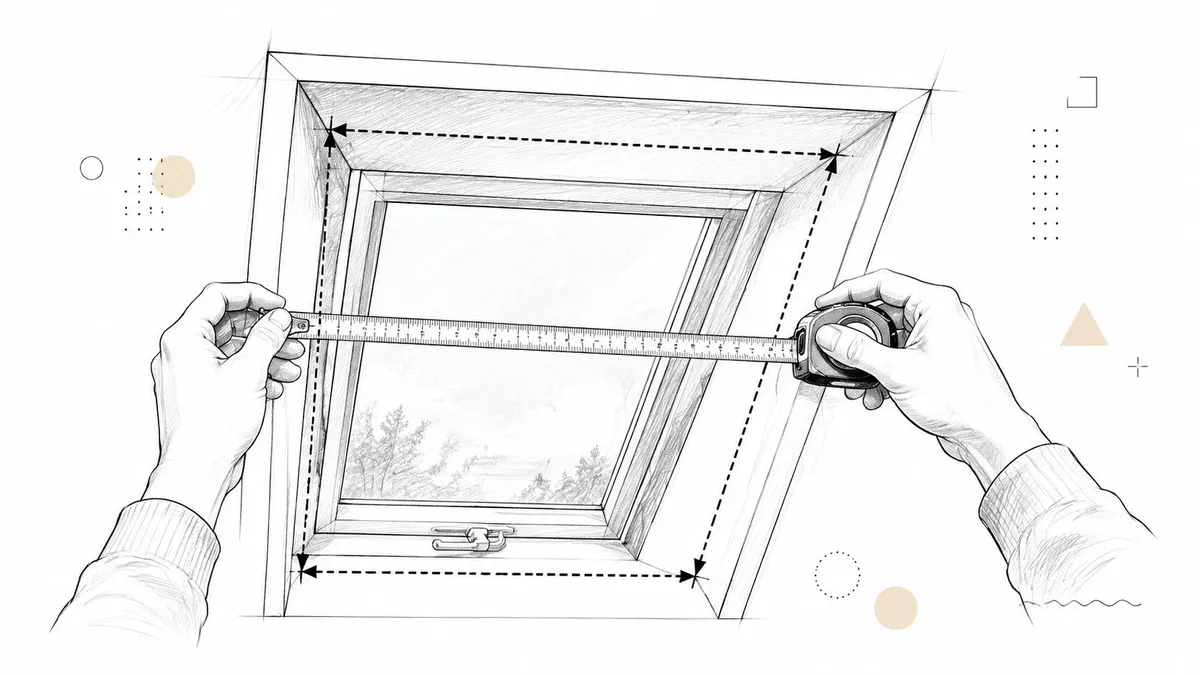 Illustrazione in stile schizzo di mani che misurano una finestra da tetto con un metro a nastro.