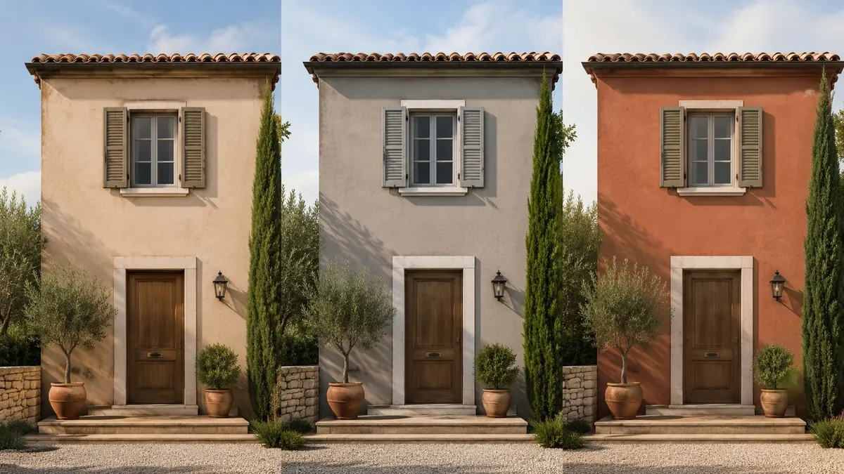 Tre diverse varianti di colore per la facciata esterna di una casa in stile mediterraneo con giardino.
