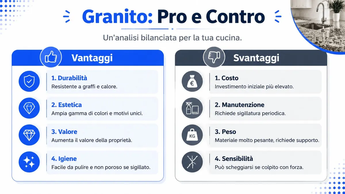 Infografica che mostra i vantaggi e gli svantaggi del granito come materiale per i piani cucina.