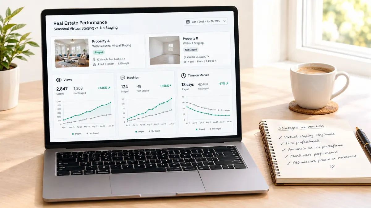 Un computer portatile visualizza un confronto grafico tra immobili con staging stagionale e senza staging.