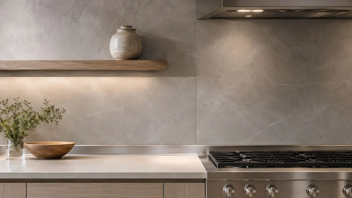 Una moderna cucina minimalista con piano di lavoro in pietra chiara, scaffale in legno e fornelli in acciaio.