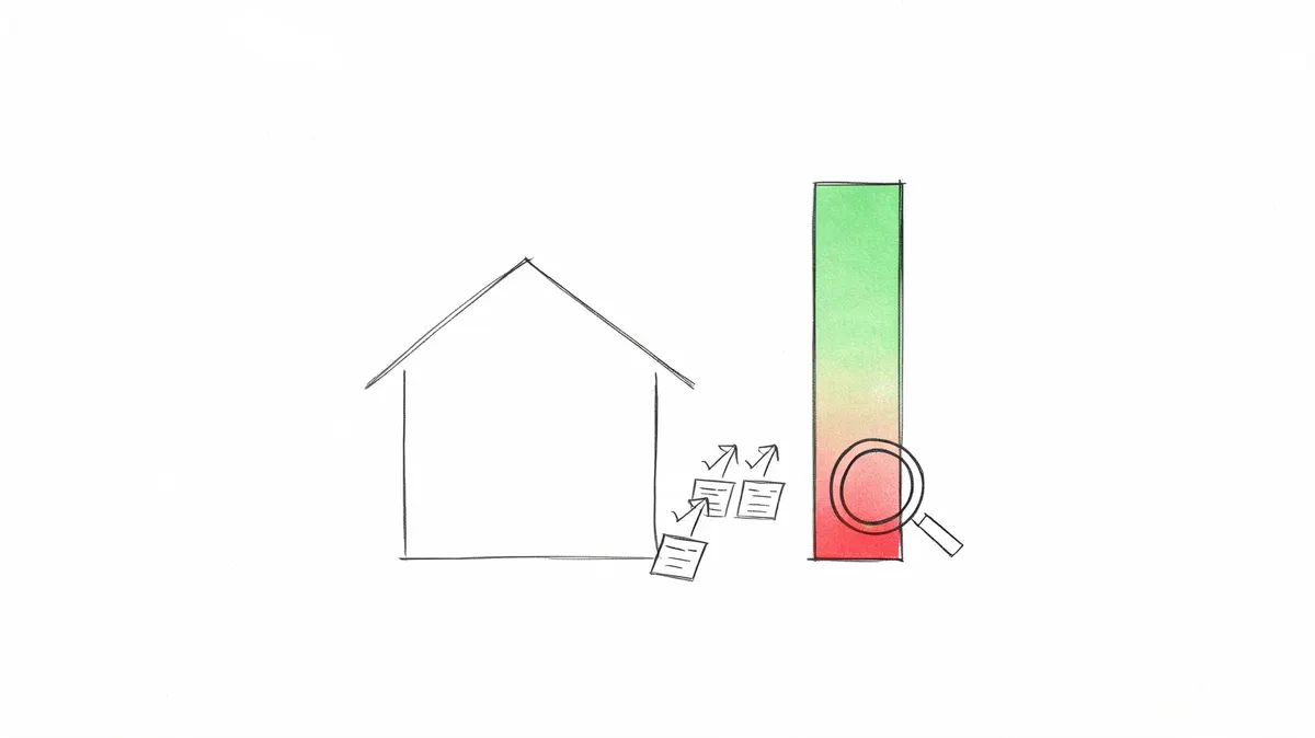 Illustrazione stilizzata di una casa con certificazione energetica bassa e lente d'ingrandimento che esamina le prestazioni