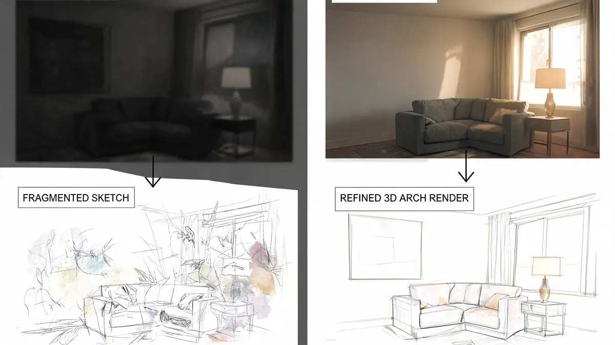 Confronto tra uno schizzo architettonico frammentato e un rendering 3D finale di un elegante soggiorno moderno.
