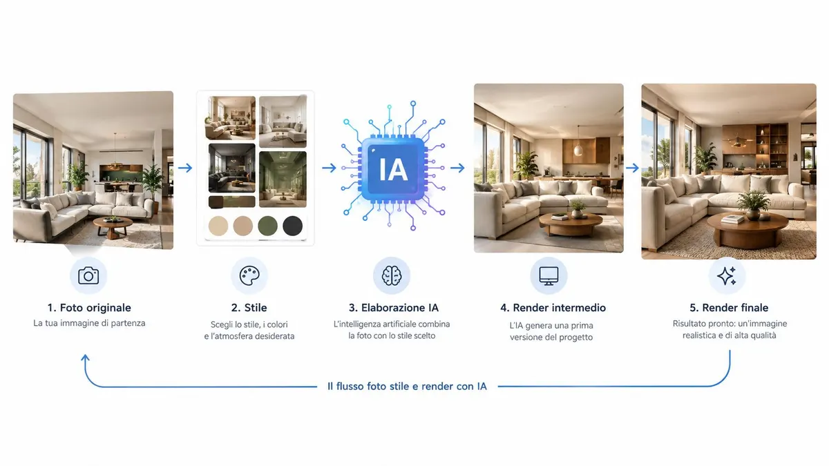 Un diagramma illustra il processo di trasformazione di un ambiente domestico tramite intelligenza artificiale in cinque passaggi.