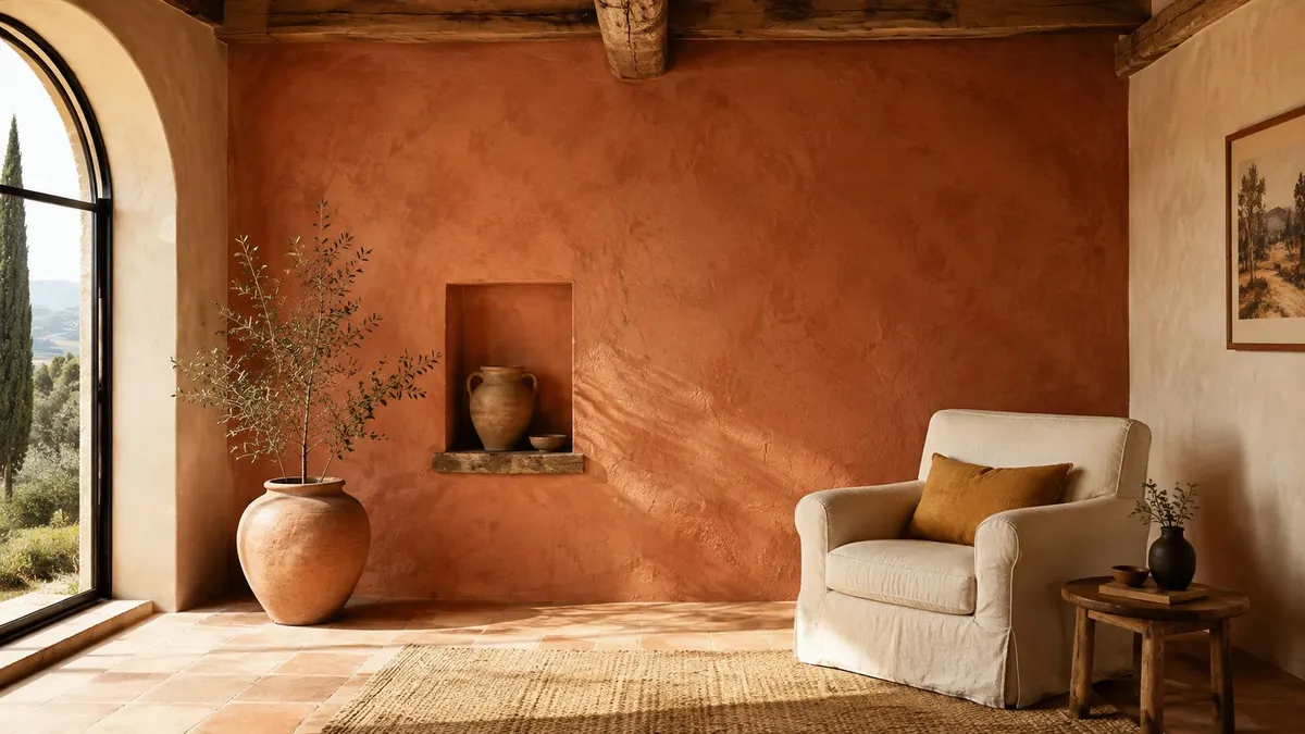 Interno in stile rustico mediterraneo con pareti color terracotta, poltrona in lino e decorazioni in ceramica artigianale.