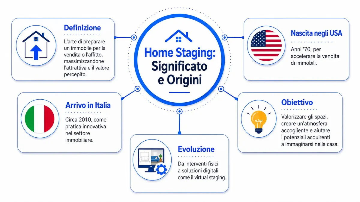 Infografica che spiega il significato e le origini dell'home staging, dalla nascita negli USA all'evoluzione digitale.