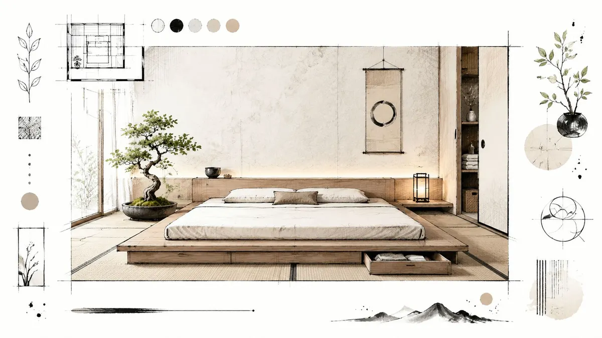 Una moderna camera da letto in stile zen giapponese con un letto basso in legno e bonsai.
