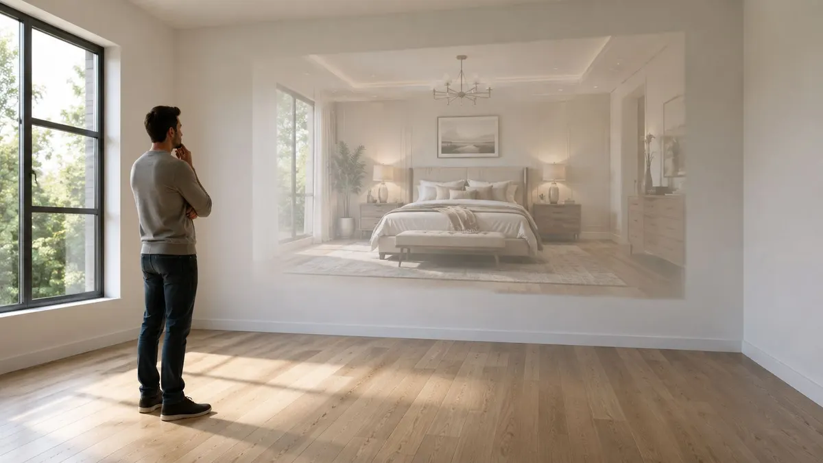 Un uomo osserva una proiezione di un elegante rendering di camera da letto su una parete vuota.