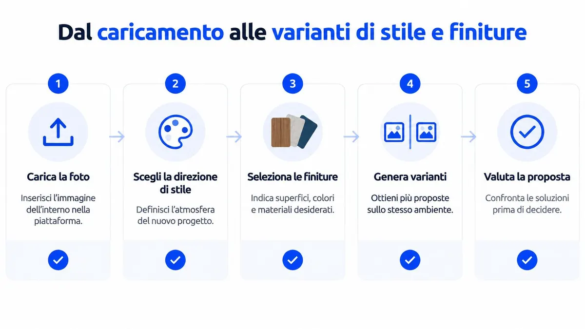 Infografica che illustra in cinque passaggi il processo di creazione di render di ristrutturazione a partire da foto.
