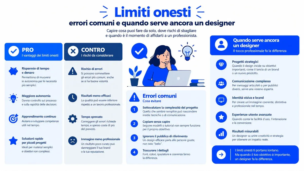 Infografica informativa sui vantaggi del fai-da-te nel design e quando è necessario affidarsi a un professionista.