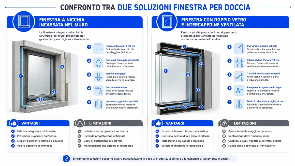 Confronto tecnico tra due soluzioni innovative di finestre progettate appositamente per essere installate all'interno di una doccia.