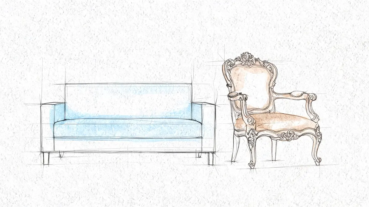 Disegno artistico che raffigura un moderno divano azzurro affiancato da una classica poltrona in stile vintage