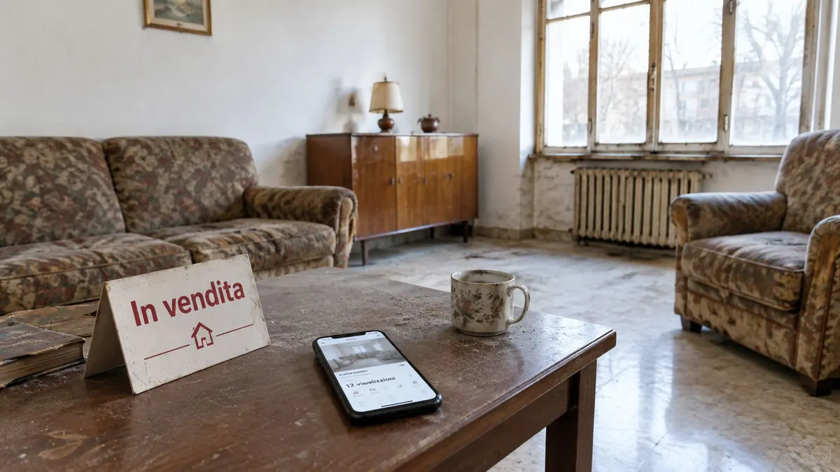 Un cartello In vendita su un tavolo impolverato in una casa vintage con mobili e divani datati.