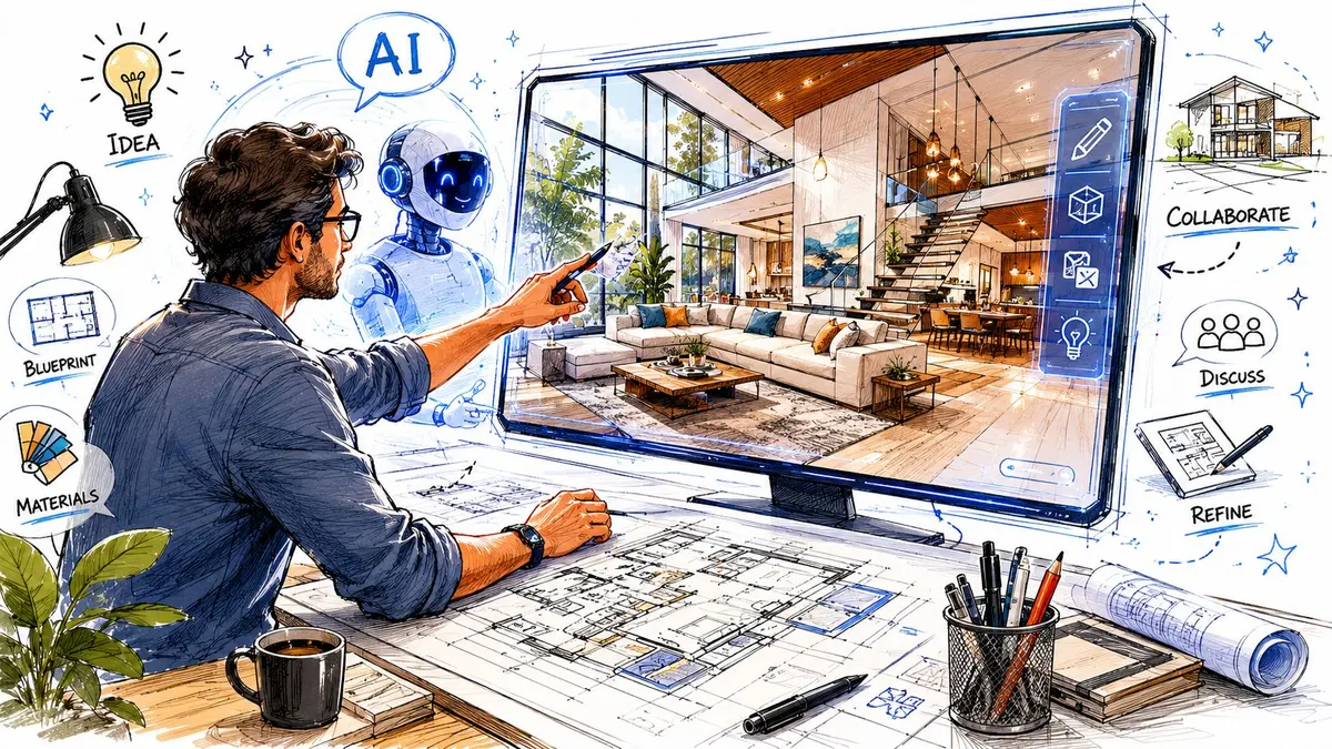 Un architetto collabora con un robot dotato di intelligenza artificiale per progettare un moderno design d'interni digitale.