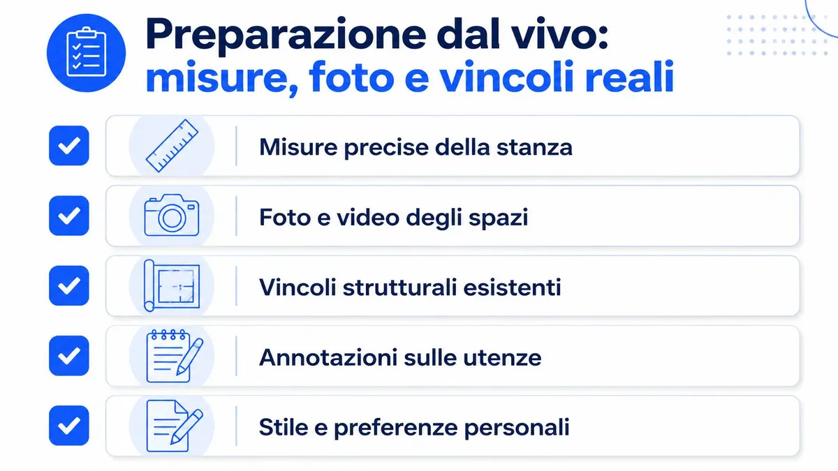Elenco puntato su come effettuare la preparazione dal vivo per la progettazione di interni.