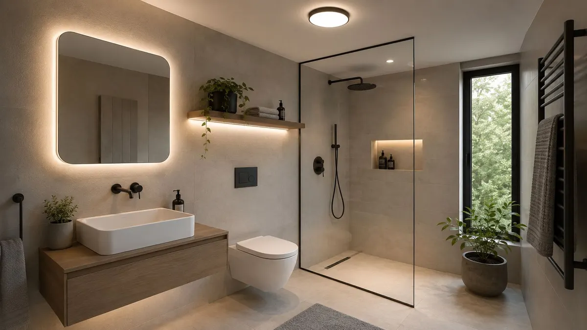 Un bagno moderno e minimalista con doccia walk-in, lavabo a incasso, illuminazione calda e piante decorative.
