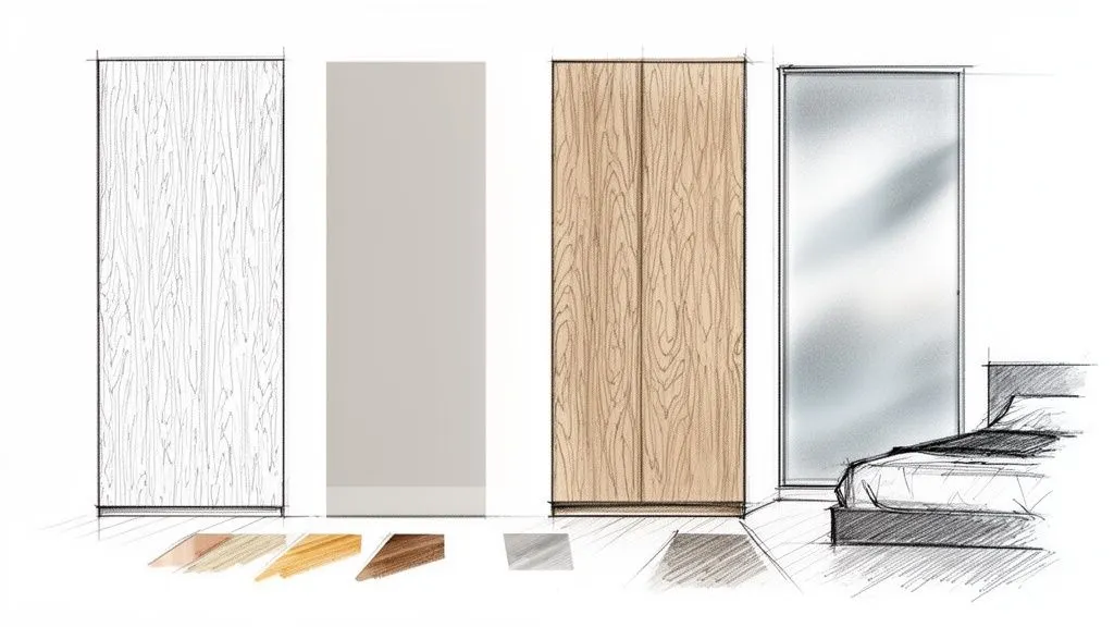 Schizzo di armadi moderni per camera da letto con diverse finiture: venatura del legno chiara, tinta unita e a specchio.