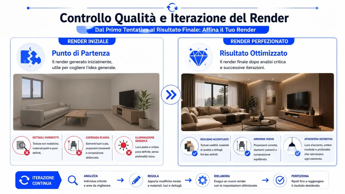 Un infografica sul controllo qualità e iterazione del rendering 3D per migliorare la qualità visiva dei progetti.