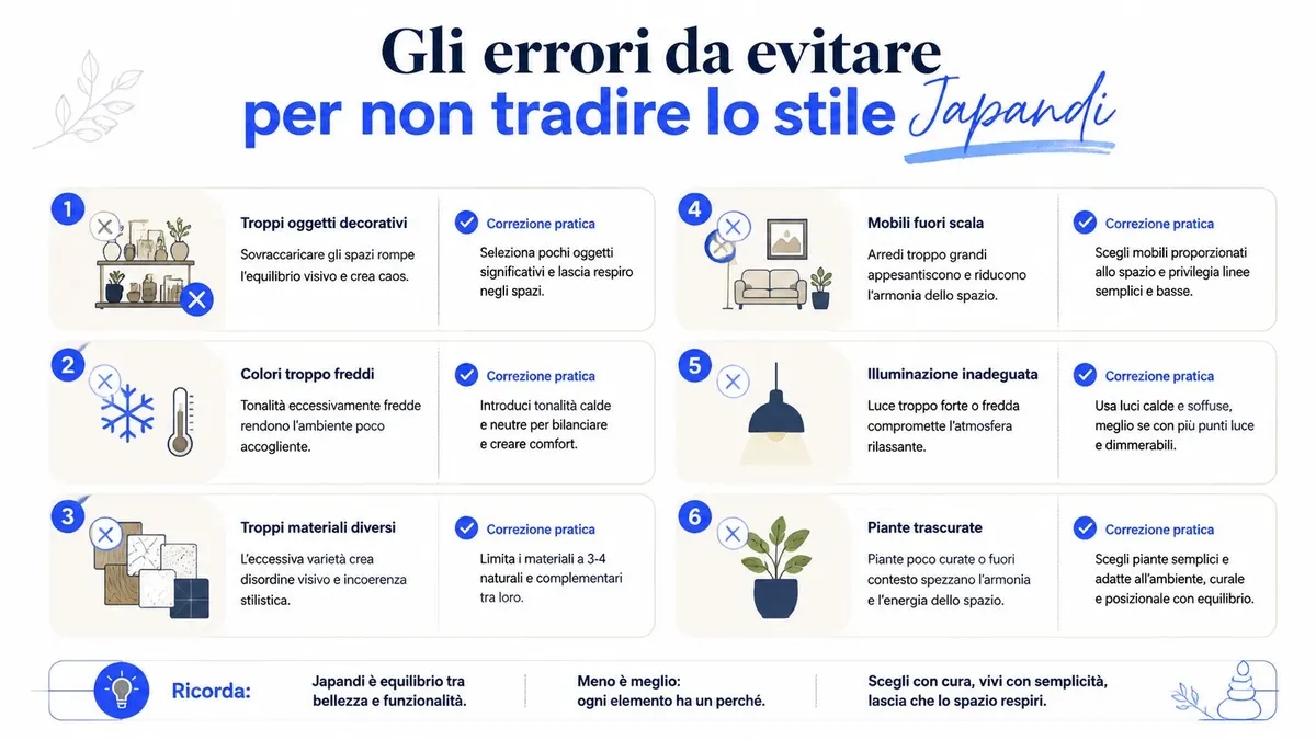 Infografica con sei errori comuni da evitare per arredare correttamente una casa seguendo lo stile Japandi.