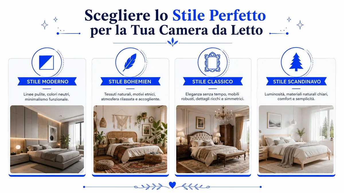 Grafica che presenta quattro diversi stili di arredamento per camere da letto con relative descrizioni e immagini.