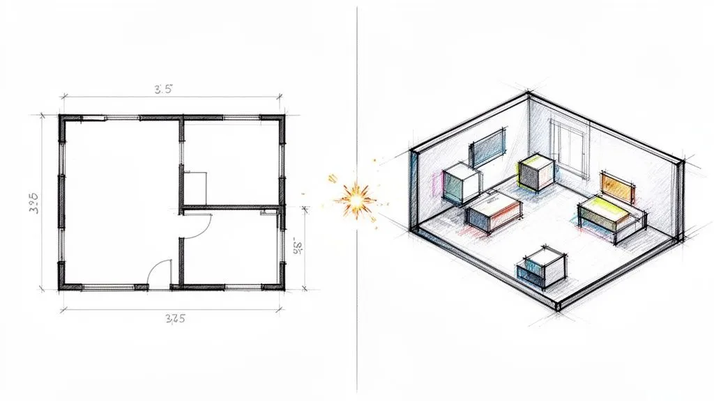 Pianta 2D di un appartamento e rendering isometrico 3D di una stanza con mobili colorati.