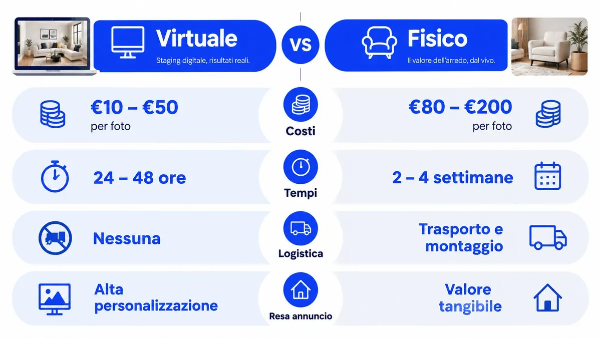 Confronto visivo tra i costi, i tempi e i vantaggi dello staging immobiliare virtuale rispetto a quello fisico.
